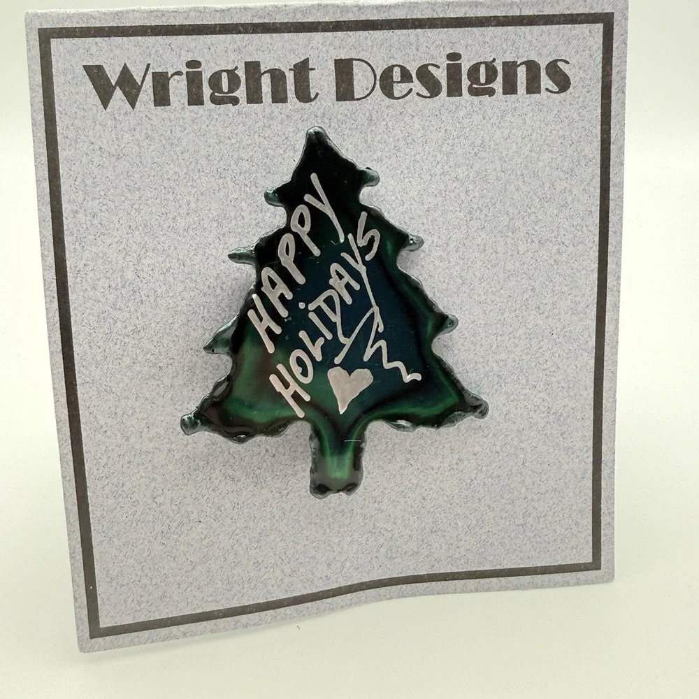 David Wright Designs Brooch Green Christmas Tree Happy Holidays Artisan Pin